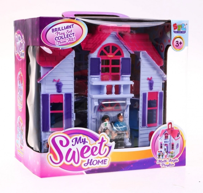 Maison de poupées pliable 3+ Violet + figurines de famille + chien + meubles + 2 étages