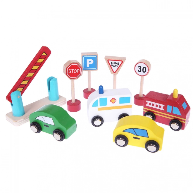 Piste de garage en bois avec ascenseur + petites voitures Ecotoys