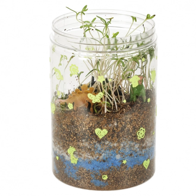 Terrarium pour cultiver des plantes avec lampe LED et dinosaures