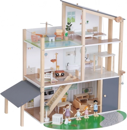 maison de poupées en bois avec ascenseur et terrasse sur le toit