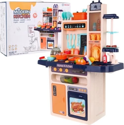 Cuisine pour enfants avec robinet d’eau et brûleur à vapeur, panneau audio, 65 pièces – Bleu