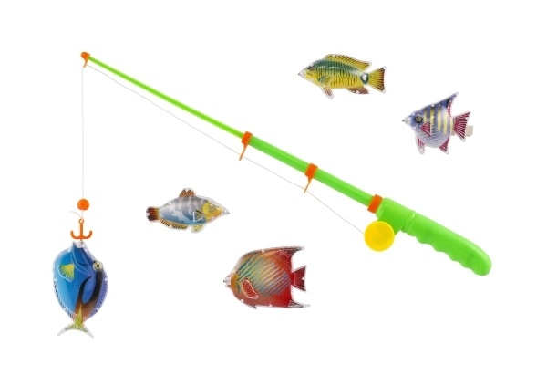 Jeu de pêcheurs/poissons magnétique plastique 5pcs+canne plastique 39cm 2 couleurs sur carte