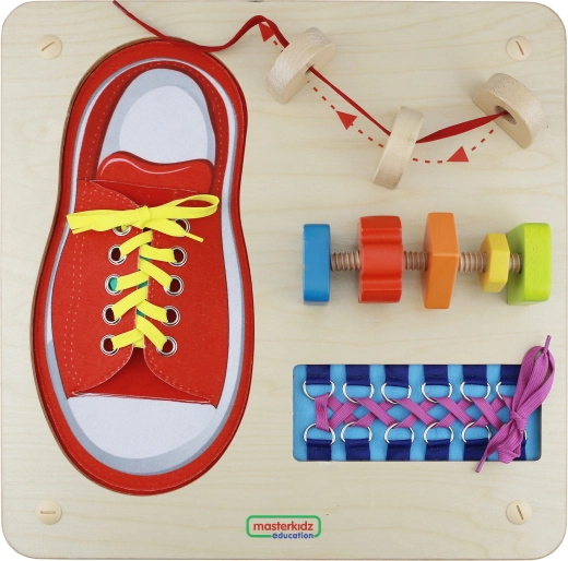 Tableau Montessori en bois pour enfilage et laçage MASTERKIDZ