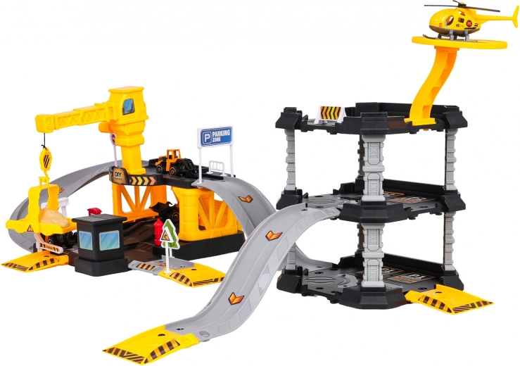 Héliport et véhicules de chantier