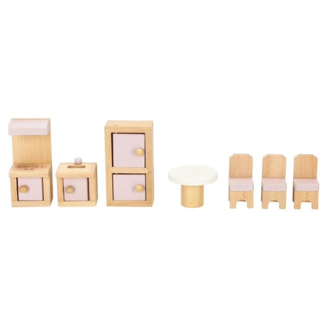 Meubles en bois pour maison de poupées - salon, chambre à coucher, salle de bain, cuisine rose