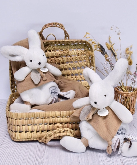 Doudou lapin en peluche avec doudou beige 25 cm
