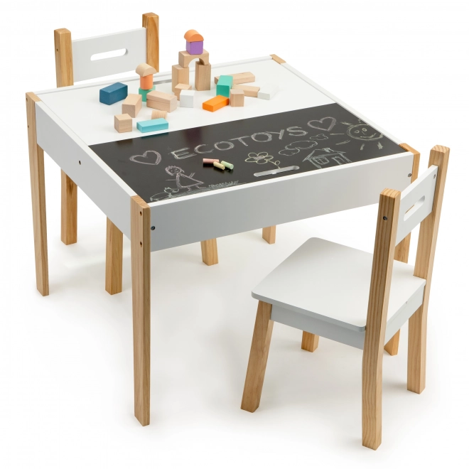 ECOTOYS Table en bois pour enfants avec tableau noir et deux chaises