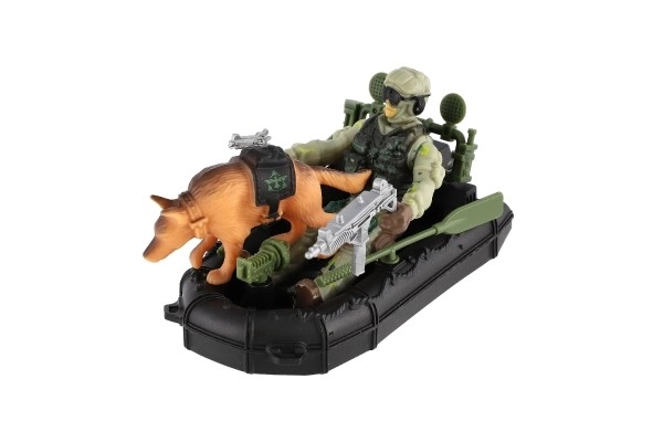 Ensemble militaire plastique bateau, soldat, chien avec accessoires dans boîte 23x14x4cm