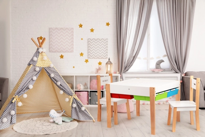 ECOTOYS Table en bois pour enfants avec plateau de jeu et deux chaises
