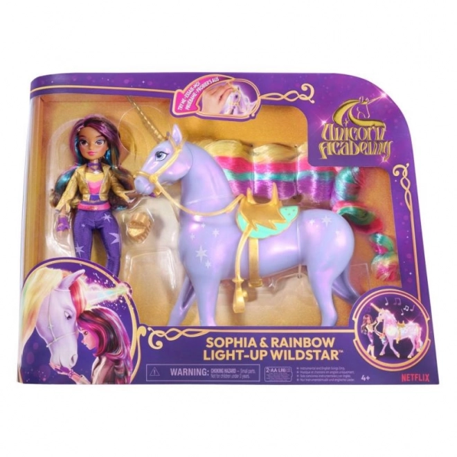 UNICORN ACADEMY LICORNE LUMINEUSE WILDSTAR AVEC POUPÉE SOPHIA 24cm