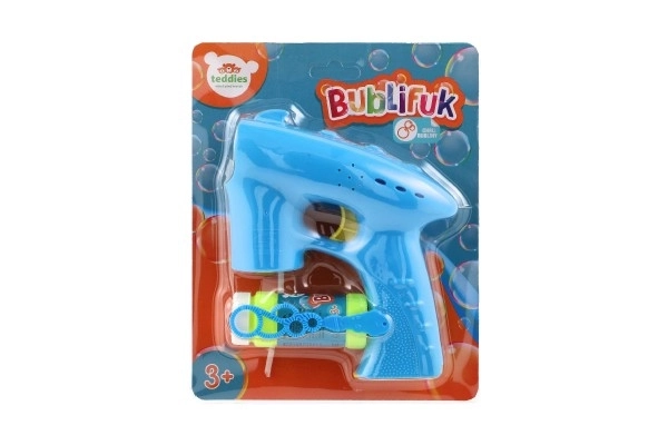 Pistolet à bulles bleu plastique 13cm + recharge à piles sur carte