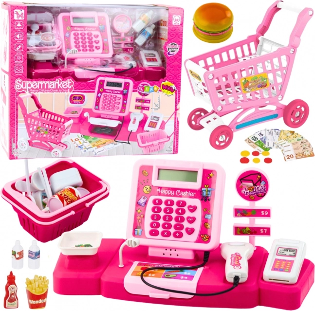 Caisse enregistreuse rose et panier - set de jeu pour enfants