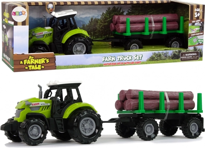 Tracteur vert avec remorque à bûches avec lumière et sons