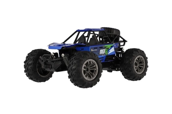 Buggy RC tout-terrain bleu 22cm plastique 2,4GHz sur batterie + pack rechargeable en boîte 32x16x18cm
