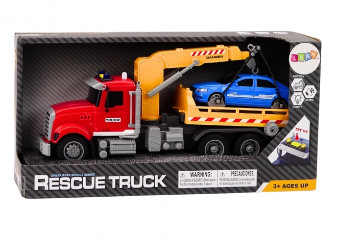 Camion de remorquage rouge avec grue et effets lumineux