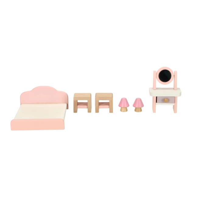 Meubles en bois pour maison de poupées - salon, chambre à coucher, salle de bain, cuisine rose
