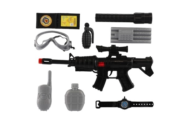 Pistolet/mitraillette de police 38cm en plastique avec accessoires dans un sac 21x50x6cm
