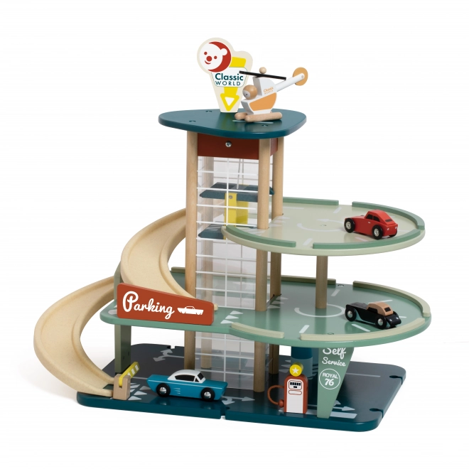 Garage de stationnement avec voitures et hélicoptère