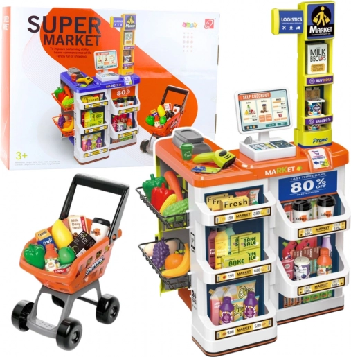 Magasin pour enfants avec caisse et chariot – set de supermarché 60 pièces