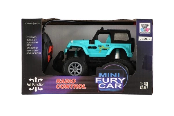 Voiture RC tout-terrain 14cm plastique 27MHz à piles avec lumière en boîte 20x11x10cm – Turquoise