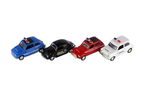 Voiture de police rétro 11cm en métal/plastique à rétrofriction sur batterie avec lumière 4 types
