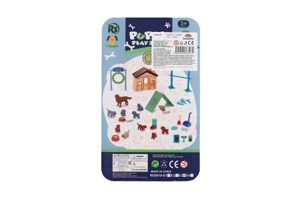 Chiens 3pcs avec maisonnette/cabane en plastique avec accessoires sur carte 15x25x5cm
