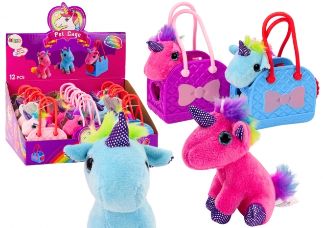 Licorne en peluche avec crinière colorée dans un sac en caoutchouc