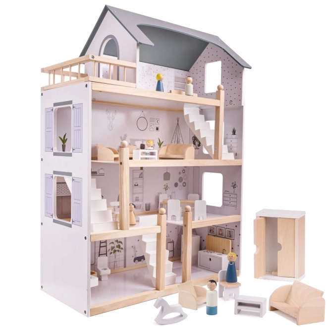 Maison de poupée en bois clair avec meubles - 80cm