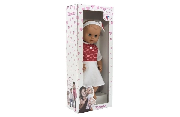 Poupée Hamiro à yeux dormeurs 50 cm avec corps rigide et robe blanche à pois rouges