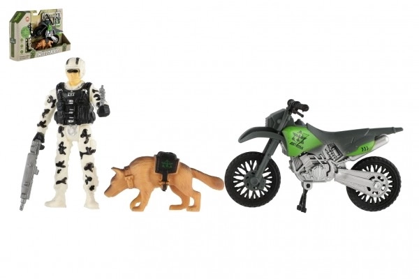 Ensemble militaire en plastique avec moto, soldat, chien et accessoires dans une boîte 23x14x4cm