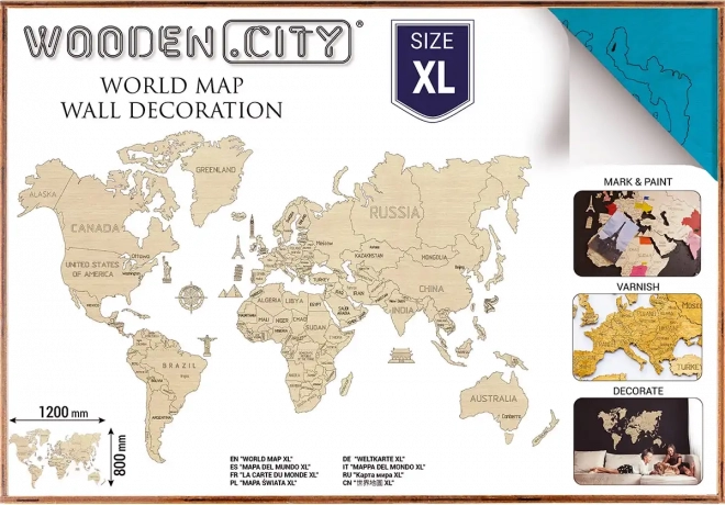 Carte du monde en bois pour mur 3D XL – turquoise naturel