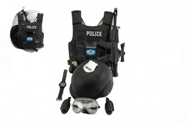 Ensemble de pistolet de police et casque avec accessoires en plastique 38cm dans un filet