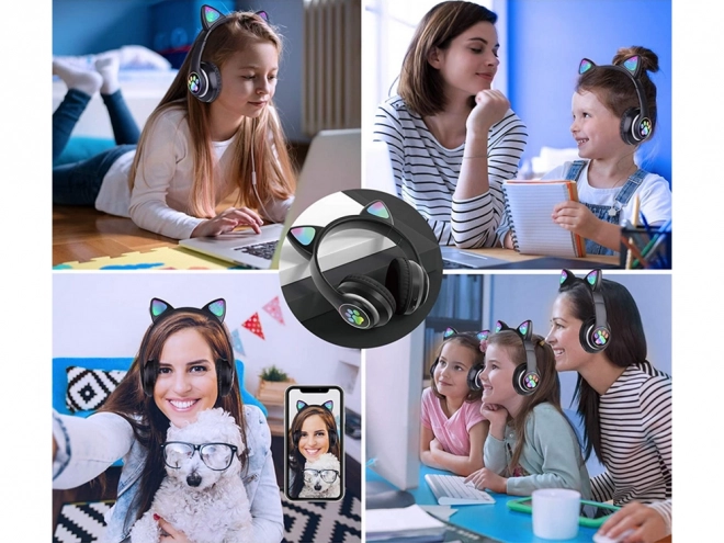 Casque sans fil bluetooth radio fm mp3 oreilles de chat éclairage LED – noir