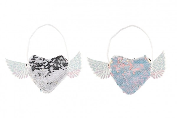 Sac à main en forme de cœur avec ailes à paillettes réversibles tissu blanc 21x10cm dans un sachet