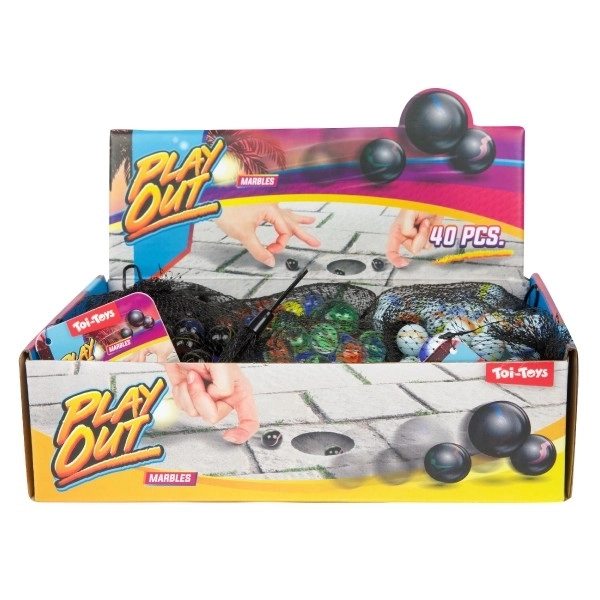 Billes en verre de différentes tailles 40 pcs mélange de couleurs dans un filet 12 pcs en boîte