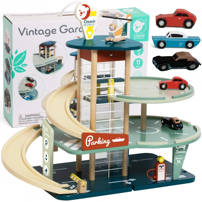 Garage de stationnement avec voitures et hélicoptère