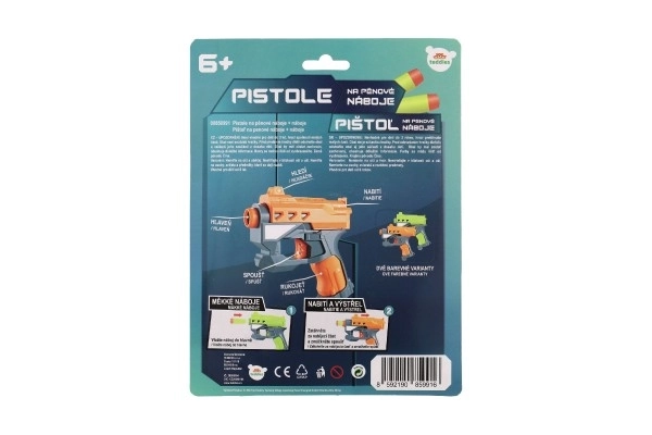 Pistolet à balles en mousse 12x14cm plastique + 3 munitions 2 couleurs sur carte