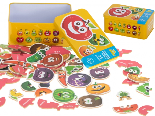Puzzle avec des motifs de fruits et légumes dans une boîte en étain