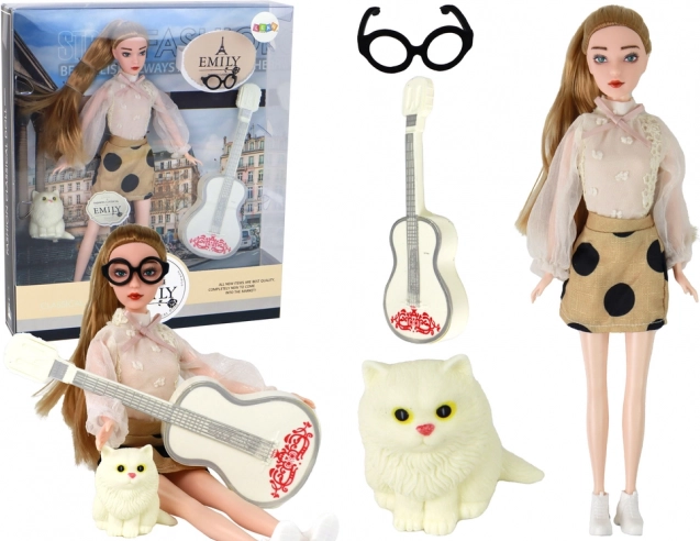 Poupée Emily avec guitare, lunettes et chaton