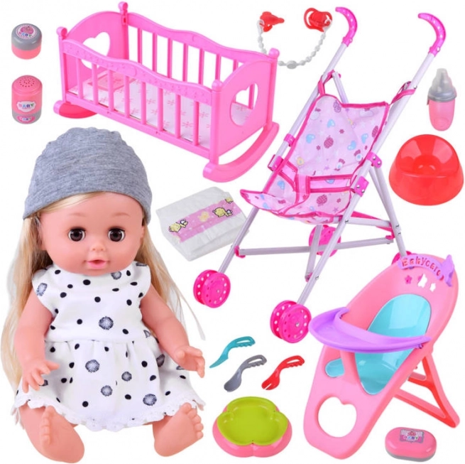 Bébé interactif avec poussette, chaise haute et berceau – grand ensemble d’accessoires
