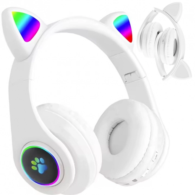 Casque sans fil bluetooth radio fm mp3 oreilles de chat éclairage LED – Blanc