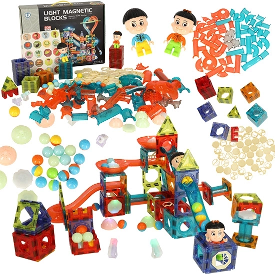 Blocs de construction magnétiques avec toboggan à billes lumineux – 202 pièces