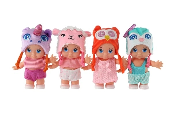 Poupée/bébé avec bonnet, plastique corps rigide 15cm, 4 types dans boîte 9x16x6cm