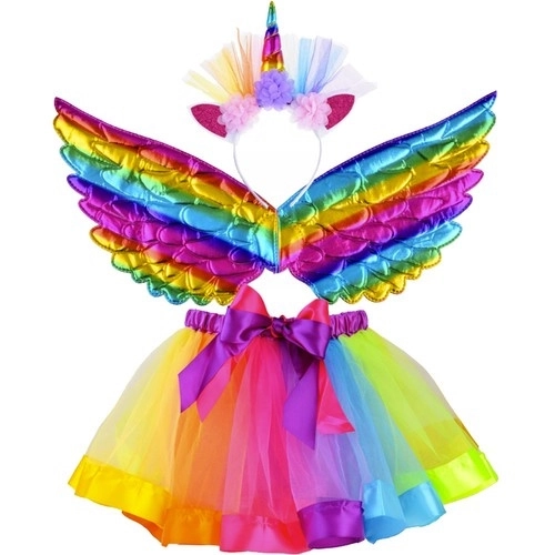 Costume de Licorne avec jupe arc-en-ciel et ailes