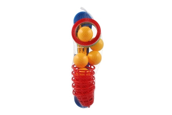 Jeu de lancer en plastique croix avec anneaux + paniers avec balles dans un filet