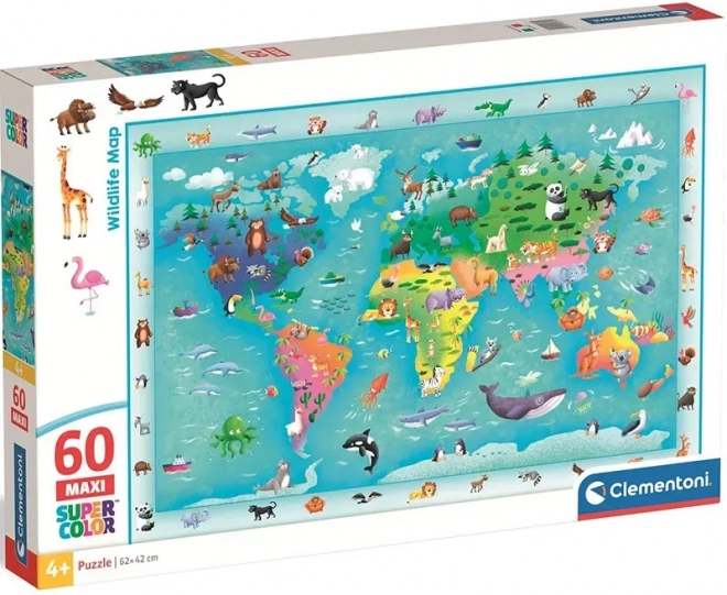 Puzzle Clementoni Carte du monde avec les animaux MAXI 60 pièces