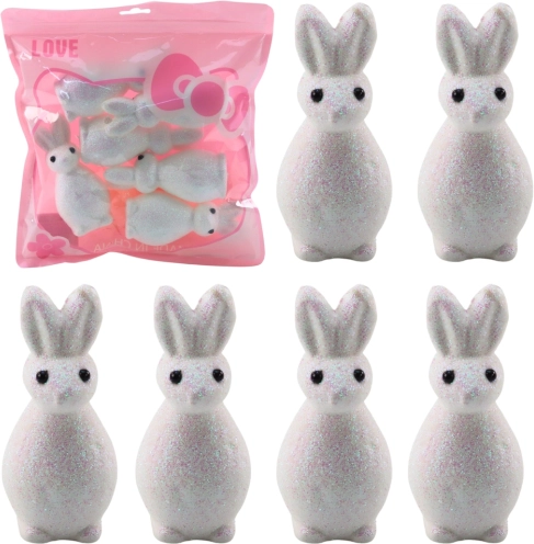 Lapins de Pâques en polystyrène pailleté blancs, lot de 6 pièces