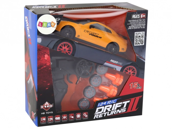 Voiture de sport téléguidée R/C 1:24 avec roues interchangeables – jaune