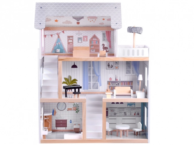 Maison de poupée en bois avec lumières LED style boho 78cm