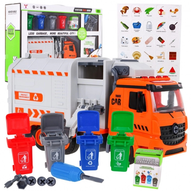 Camion de poubelle interactif pour enfants 3+ Apprendre l'écologie + 4 conteneurs + carte des déchets